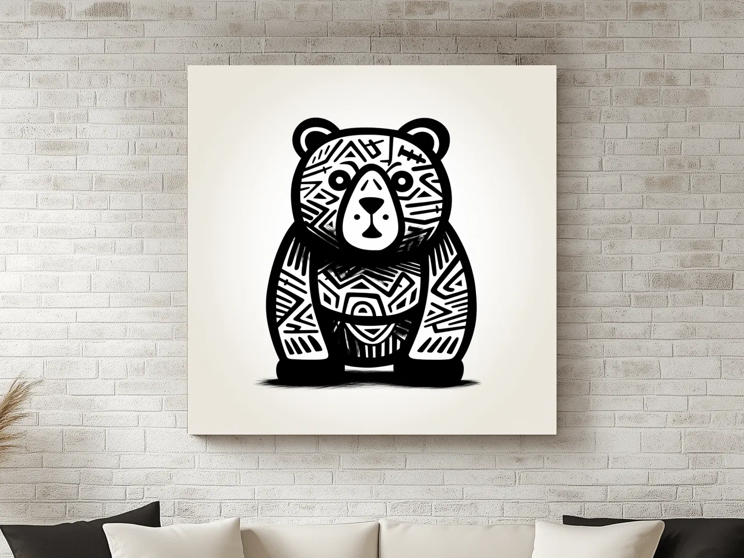 Tribal Pattern Bear Illustration - Quirky Black And White Animal Wall Art