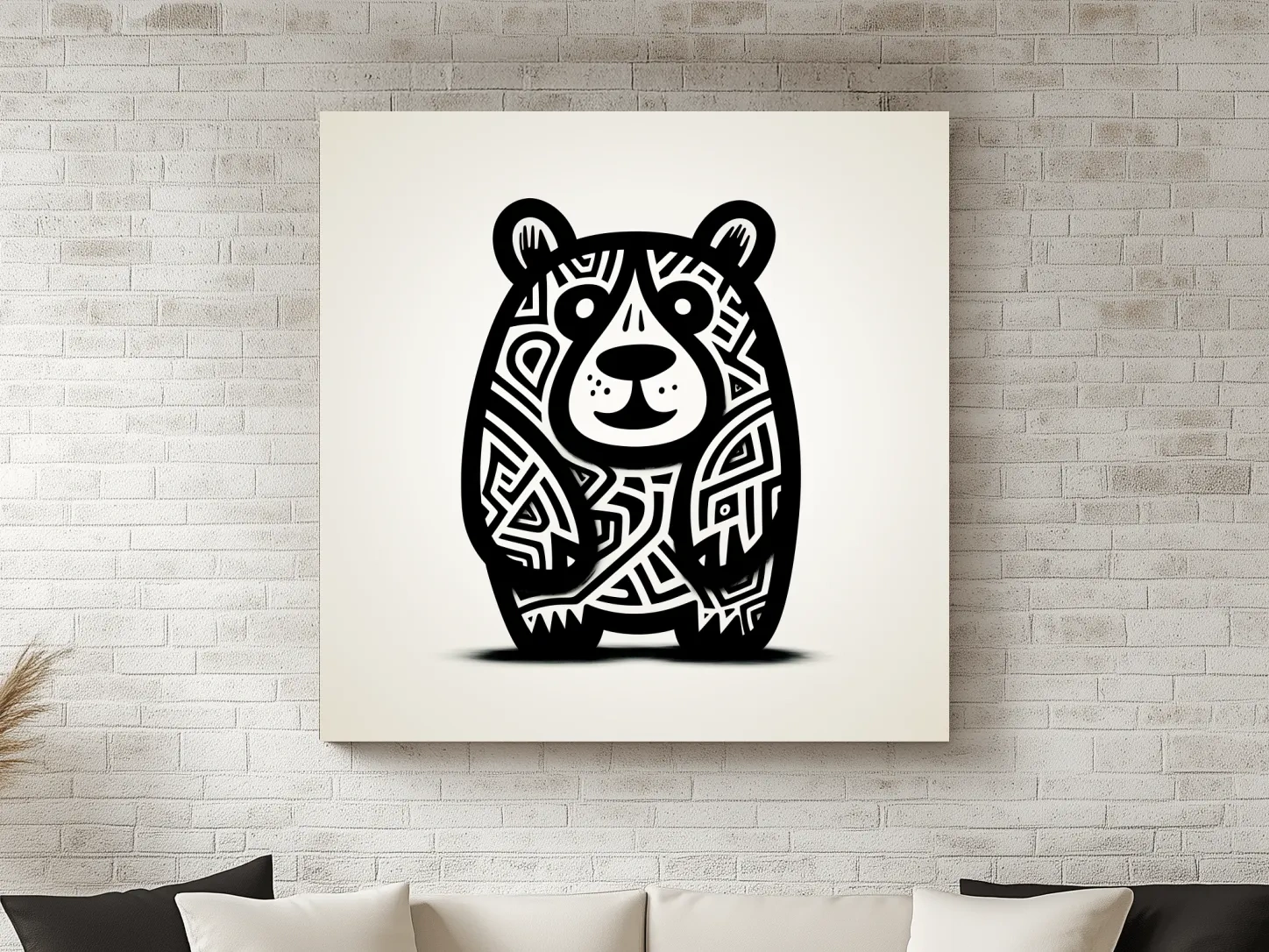 Tribal Cartoon Bear Illustration - Minimalist Black And White Wildlife Wall Art
