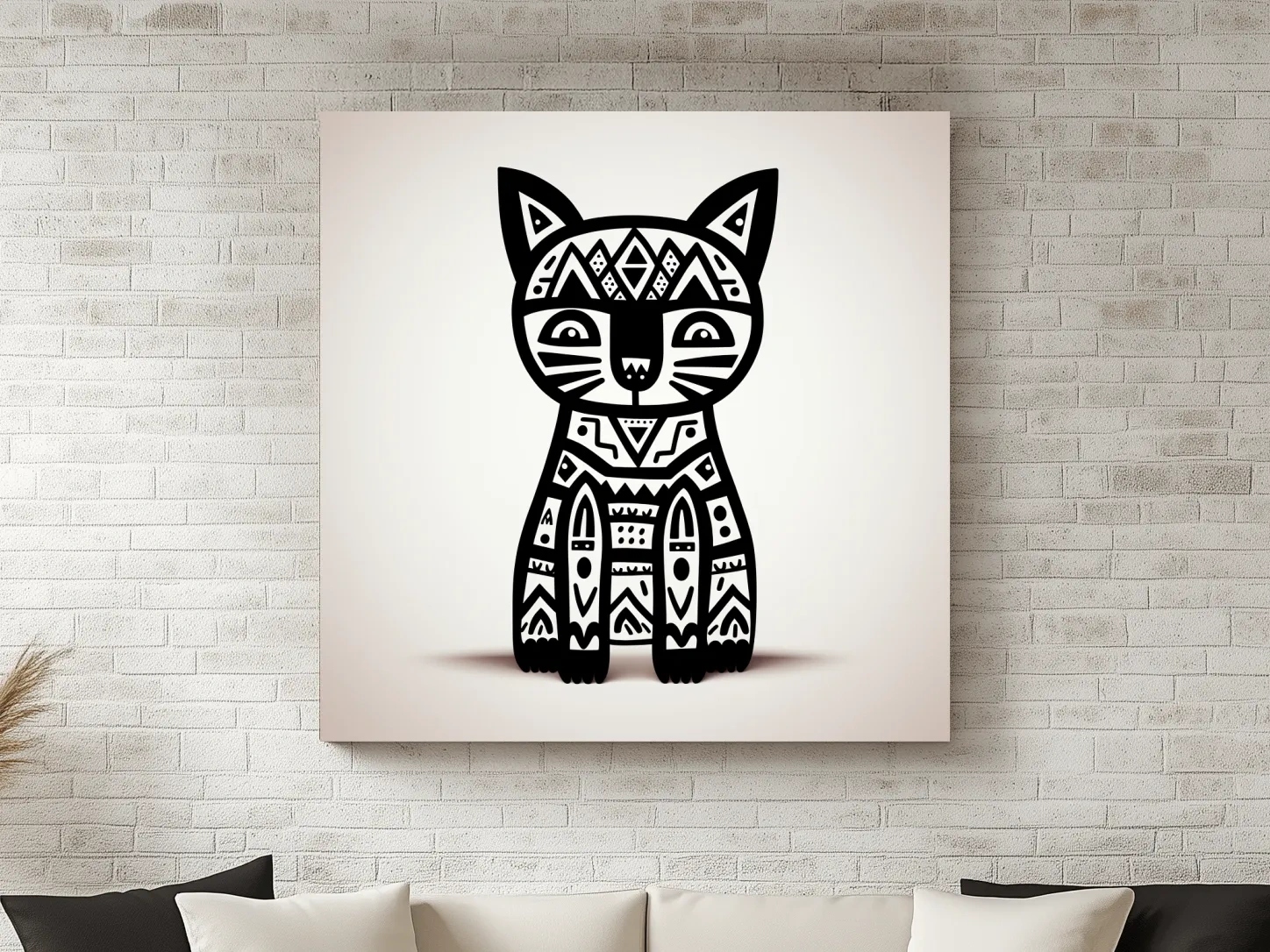 Tribal Geometric Cat Illustration - Black And White Quirky Animal Wall Art