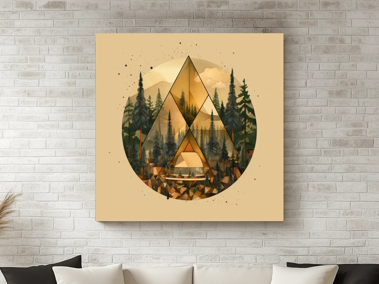 Geometric Mountain Cabin Forest Landscape - Modern Abstract Nature Wall Art