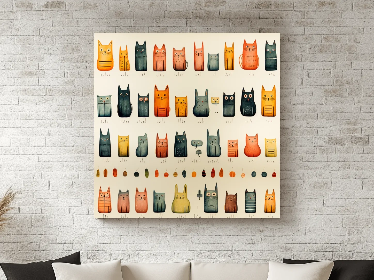 Whimsical Mid Century Cat Pattern Illustration - Colorful Nursery Wall Art