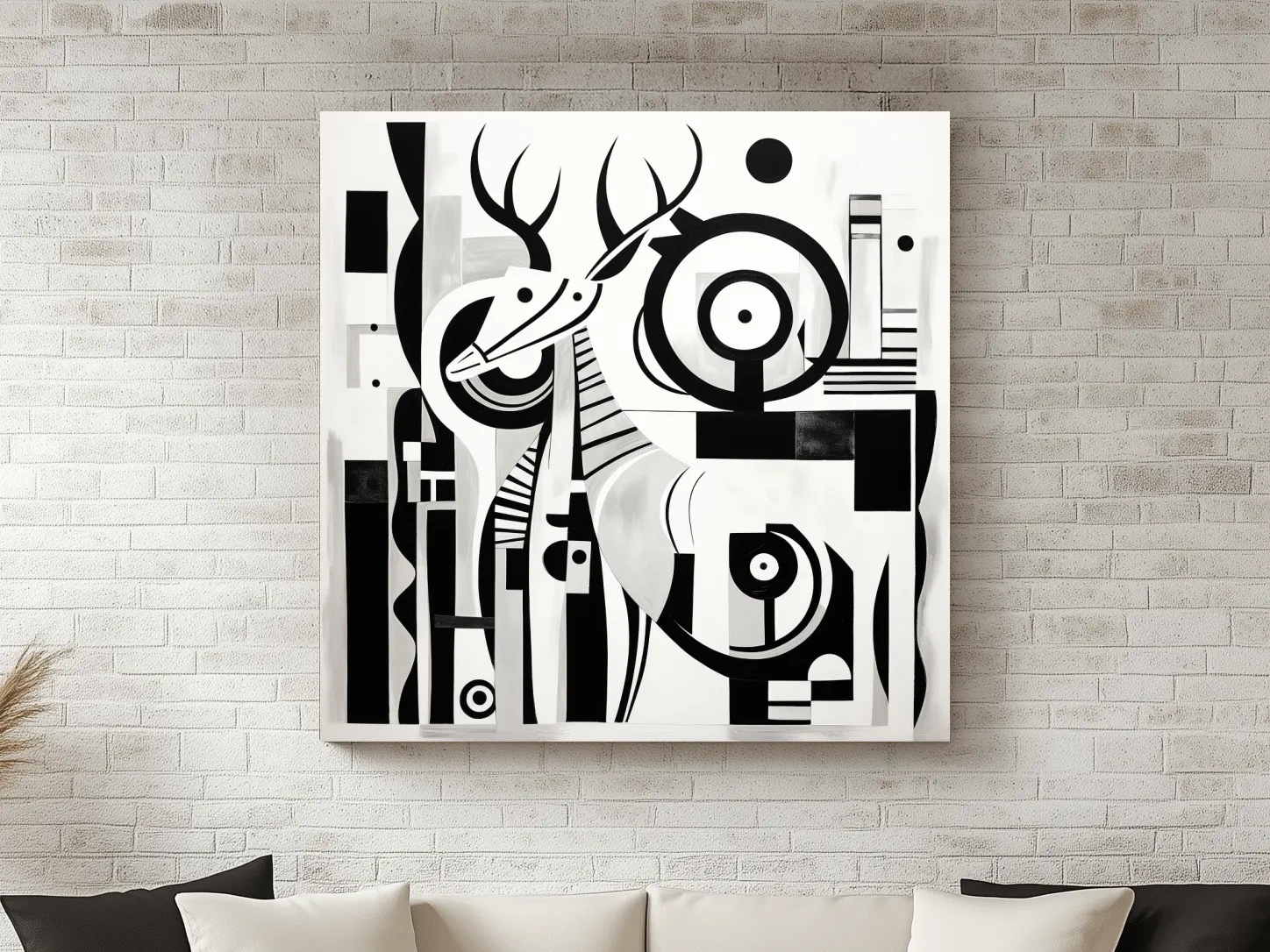 Abstract Geometric Deer Artwork - Mid-Century Black And White Animal Wall Art