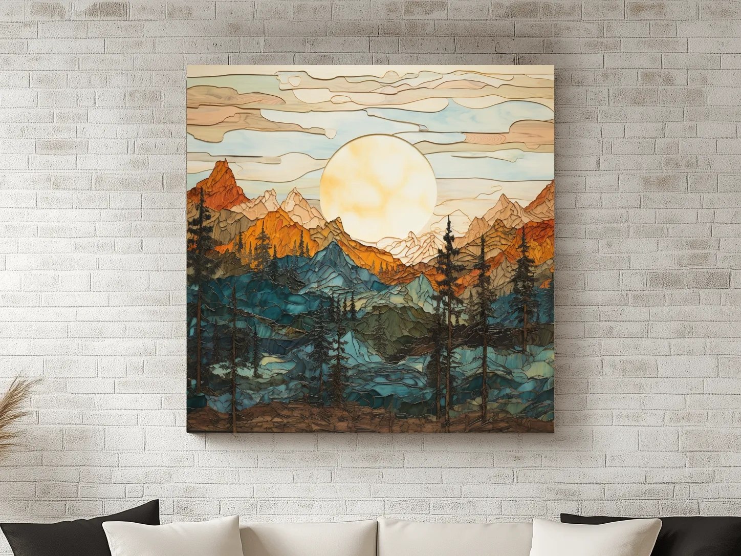 Stained Glass Mountain Sunset Landscape - Colorful Mosaic Forest Wall Art