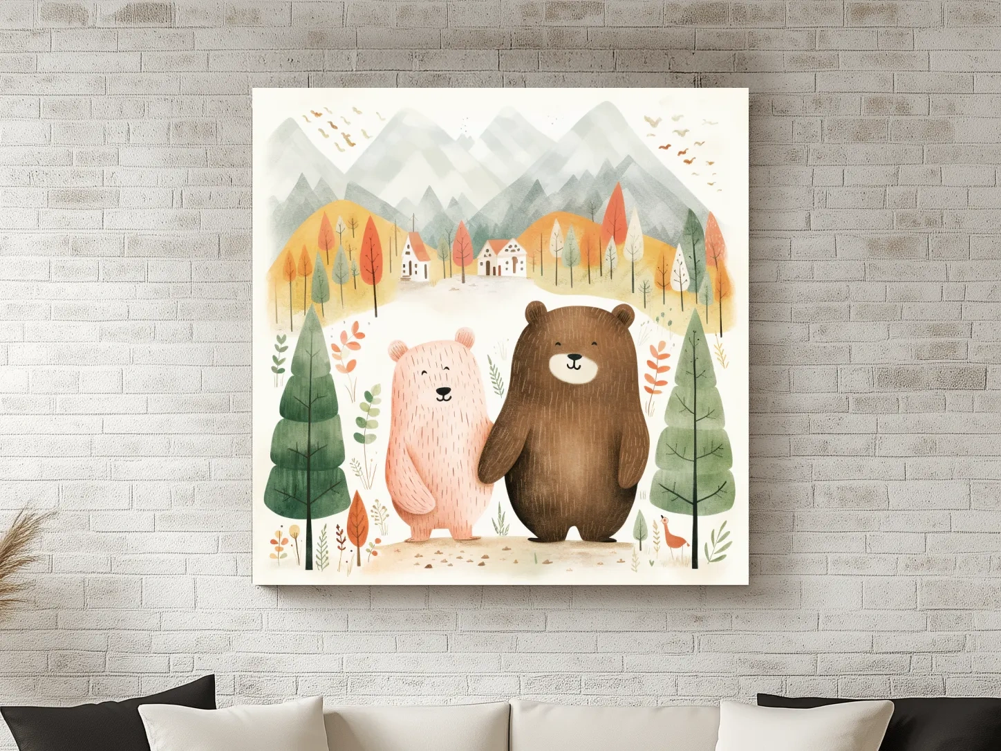 Cute Bear Couple Watercolor Illustration - Whimsical Mountain Forest Nursery Wall Art