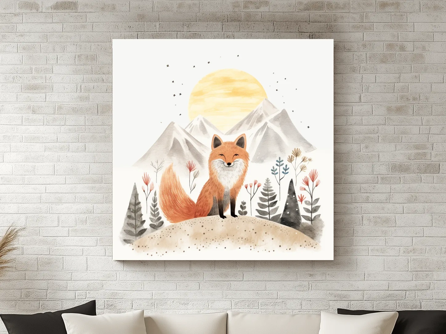 Whimsical Watercolor Fox Mountain Sunrise - Nursery Woodland Animal Wall Art