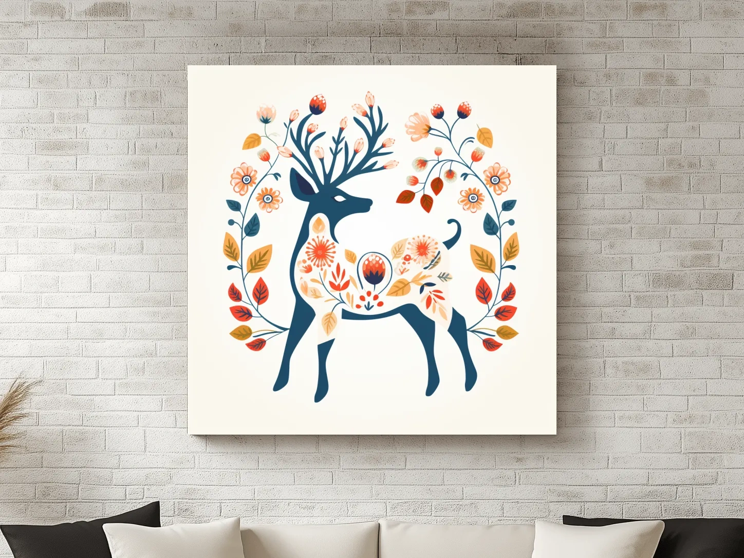 Folk Art Floral Deer Silhouette - Scandinavian Woodland Wall Art