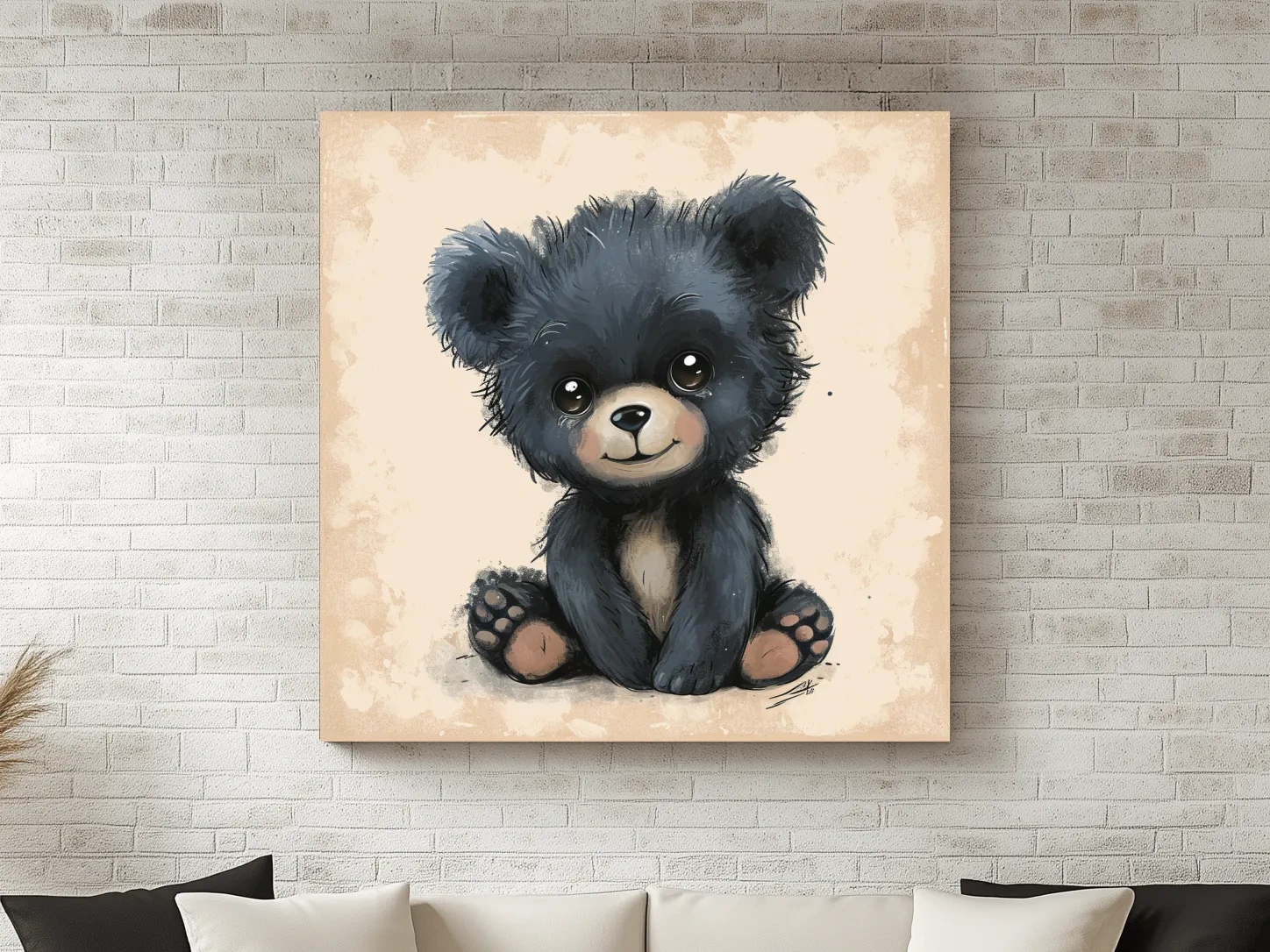 Nursery artwork, painting of a cute baby black bear cub