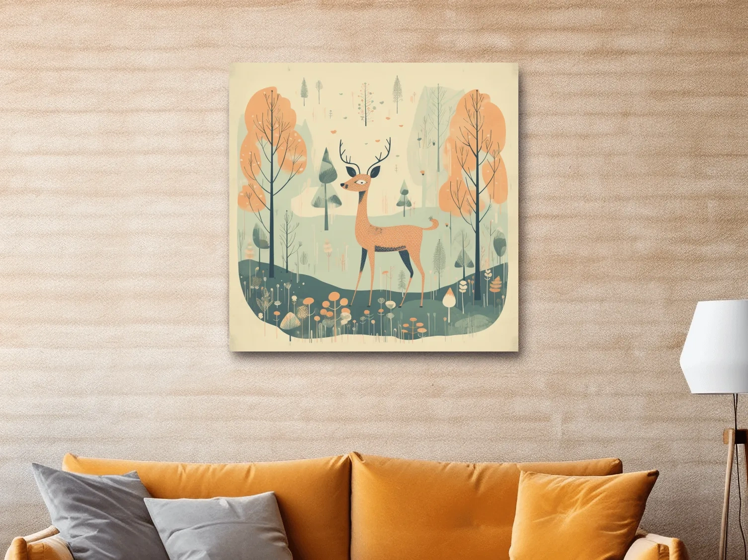 Whimsical Deer in Pastel Forest Illustration - Folk Art Woodland Nursery Wall Art