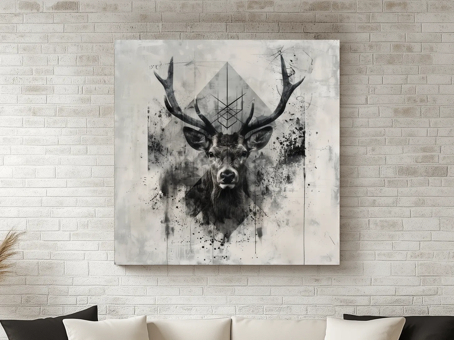Tribal Monochrome Deer Stag Portrait - Tattoo Style Wildlife Wall Art