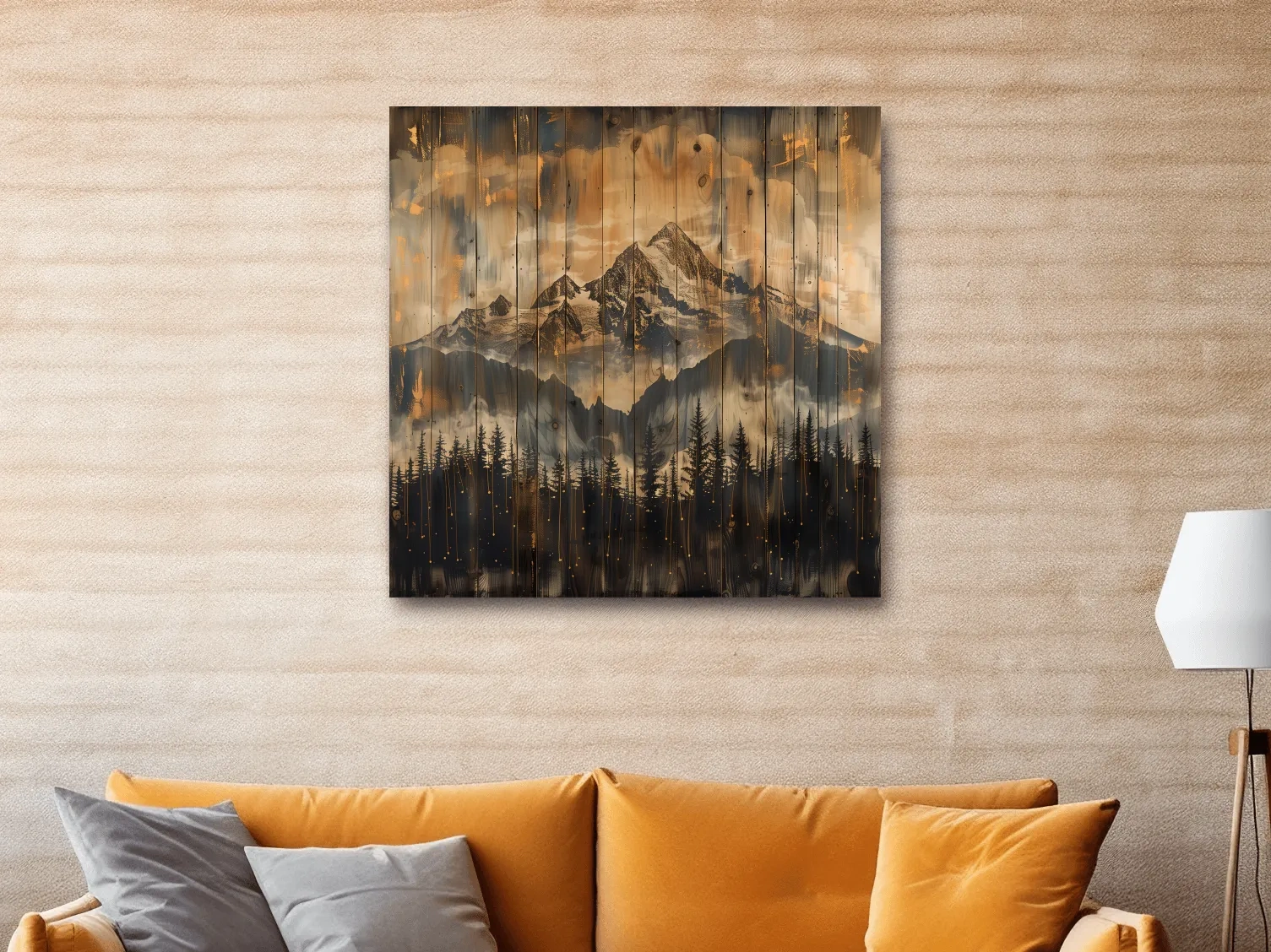 Rustic Mountain Range Over Pine Forest - Vintage Wood Panel Style Landscape Artwork