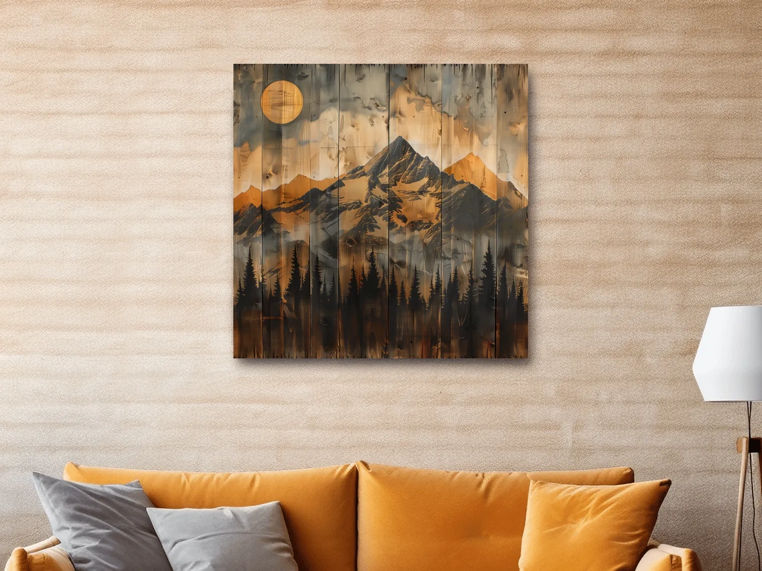 Rustic Woodgrain Mountain Sunset Artwork - Vintage Pine Forest Wall Art