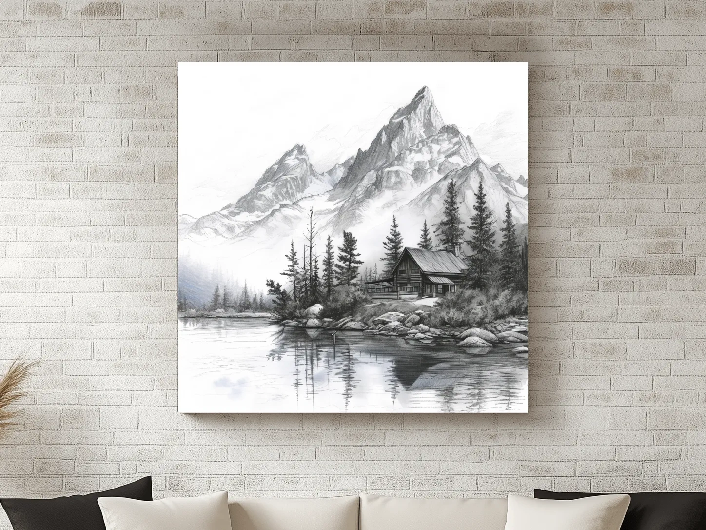 Monochrome Mountain Lake Cabin Sketch - Rustic Alpine Glacier Wall Art