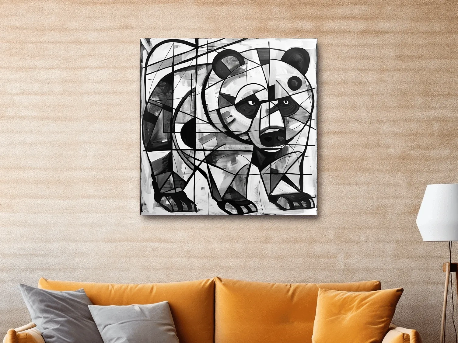 Abstract cubism style painting of a black bear