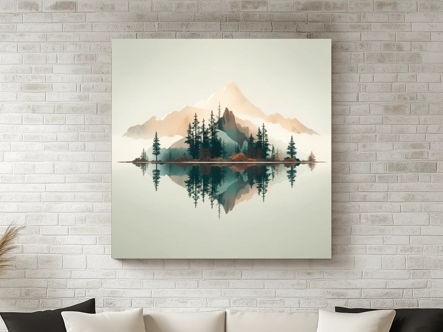 Minimalist Watercolor Mountain Lake Reflection - Serene Pine Forest Landscape Wall Art