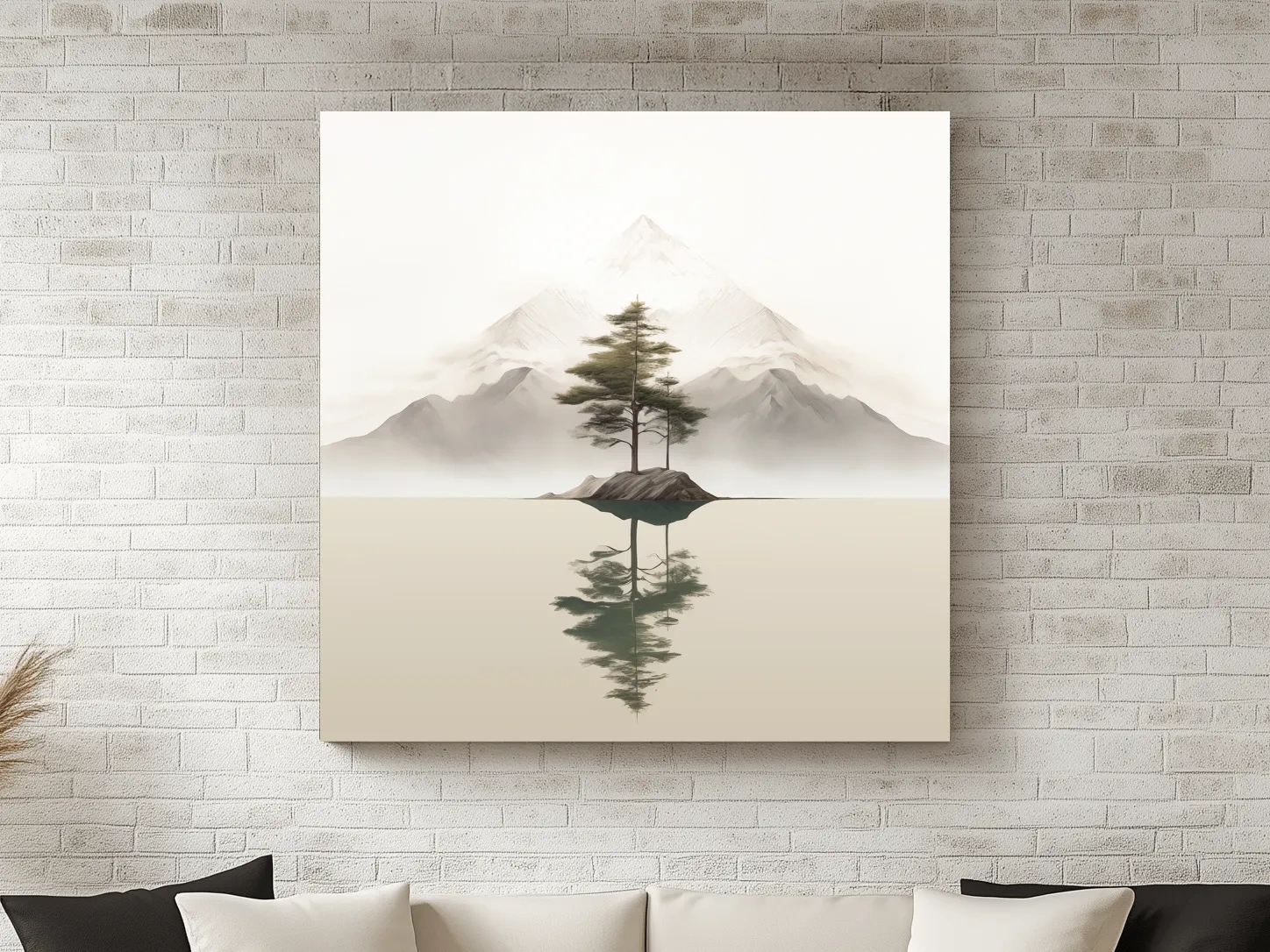 Minimalist Misty Lake Landscape Artwork - Serene Zen Pine Tree Reflection Art