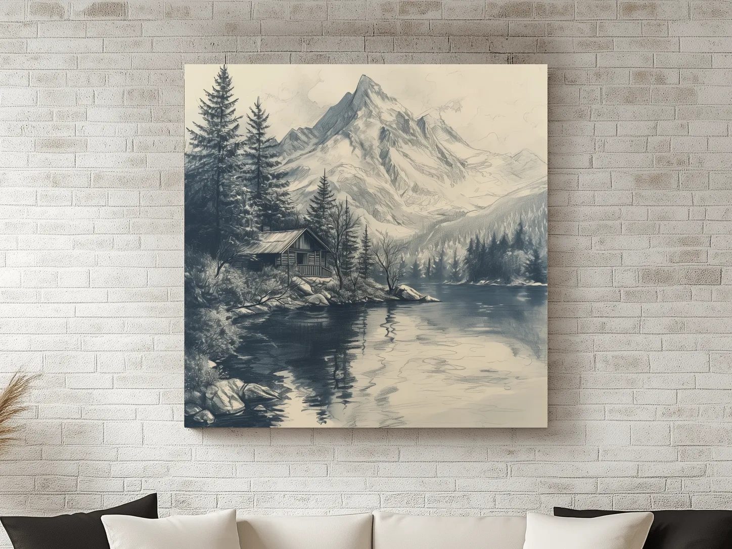 Vintage Alpine Cabin By Mountain Lake - Monochrome Pencil Sketch Landscape Wall Art