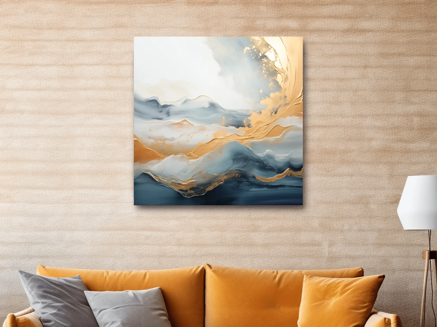 Fluid Abstract Blue And Gold Mountain Landscape - Modern Mixed Media Wall Art