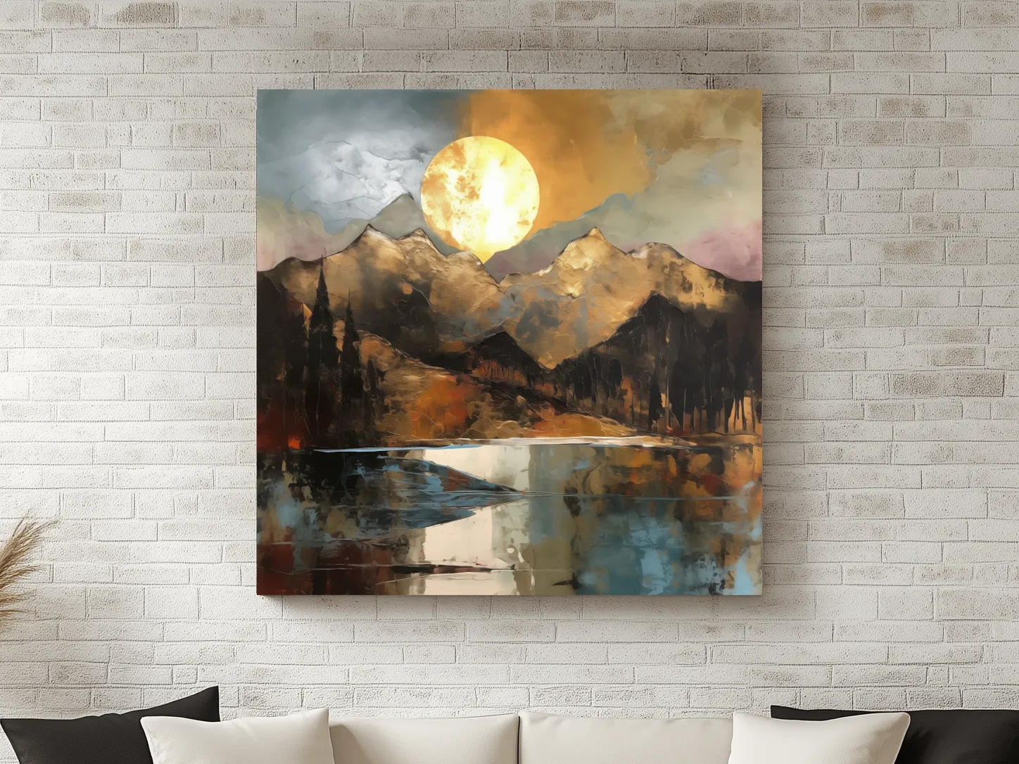 Alpine Mountain Lake Sunset Painting - Golf Leaf Style Wall Art