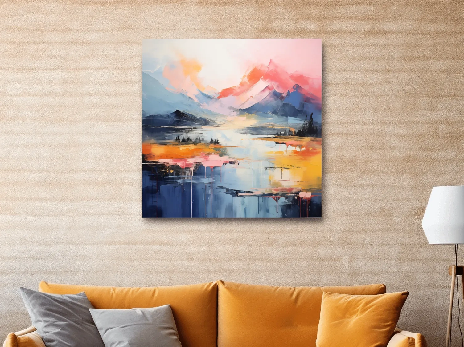 Vibrant Abstract Mountain Lake Sunset Painting - Colorful Modern Landscape Wall Art