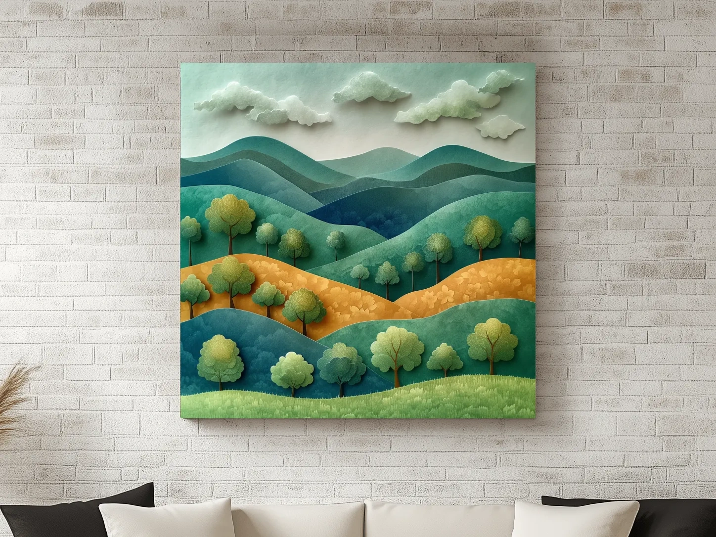 Whimsical Paper Cut Forest Hillscape - Layered 3D Mountains Landscape Wall Art