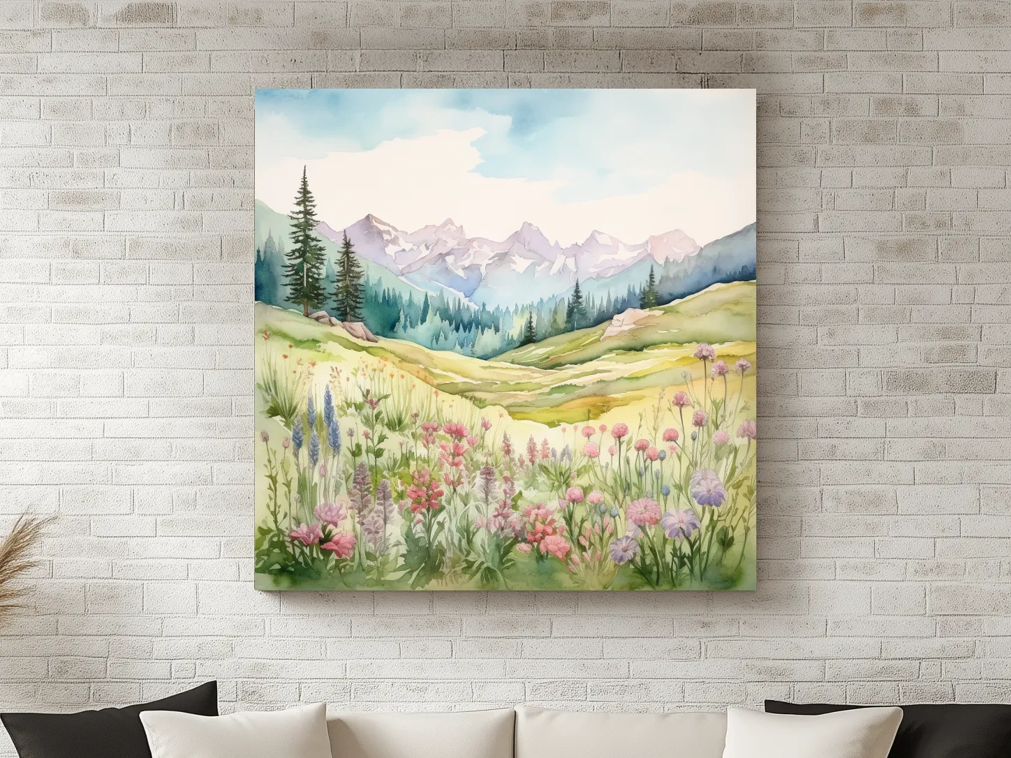 Alpine Meadows Wildflower Watercolour - Pastel Mountains Landscape Wall Art