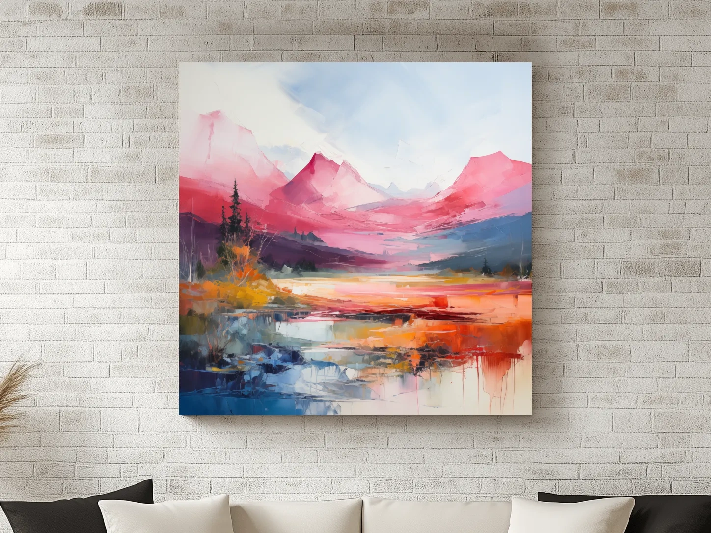 Vibrant Abstract Impressionist Alpine Lake Sunset Painting - Colorful Mountain Wall Art