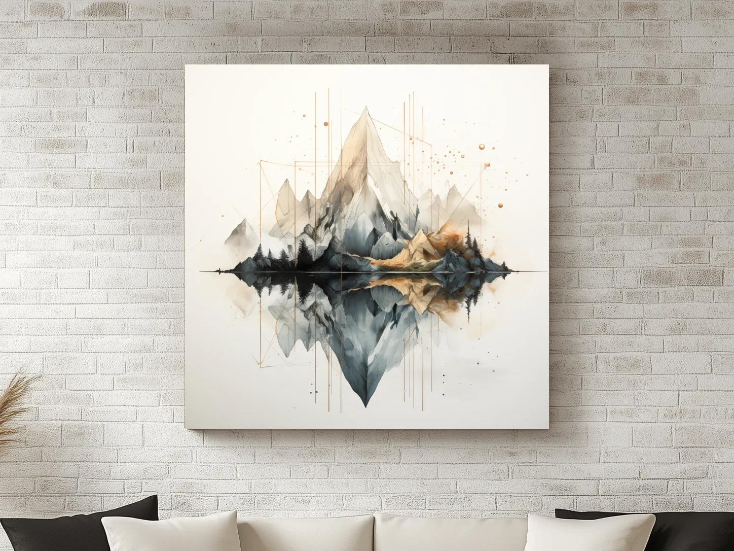 Geometric Watercolor Mountain Reflection Landscape - Modern Minimalist Wall Art