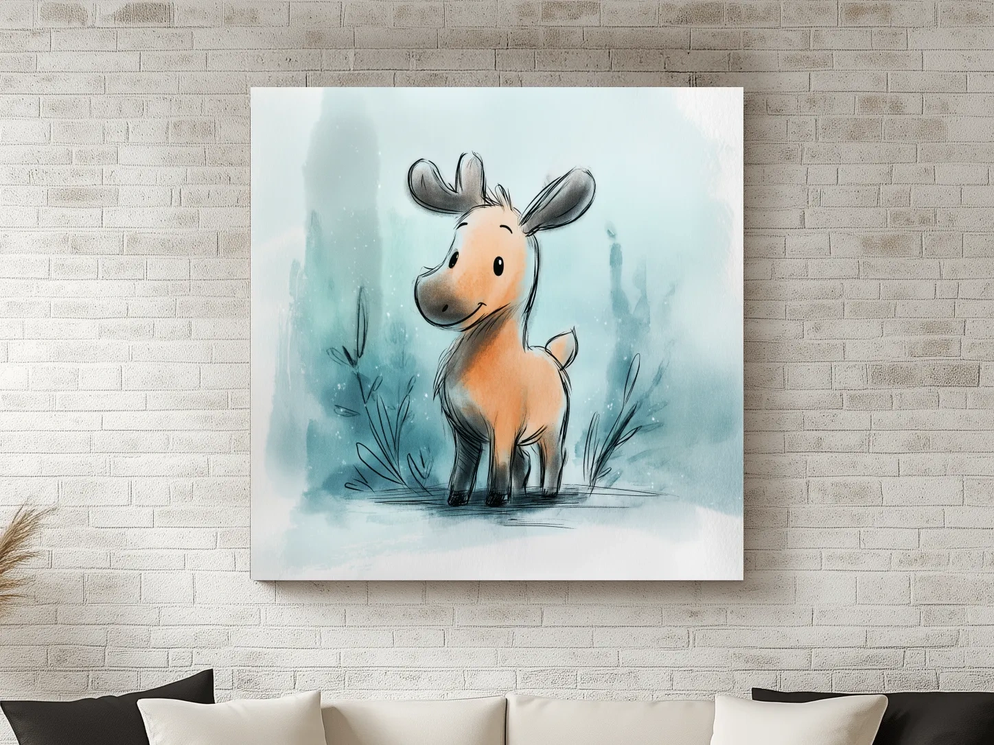 Cute Baby Moose Watercolor Illustration - Whimsical Nursery Wildlife Wall Art