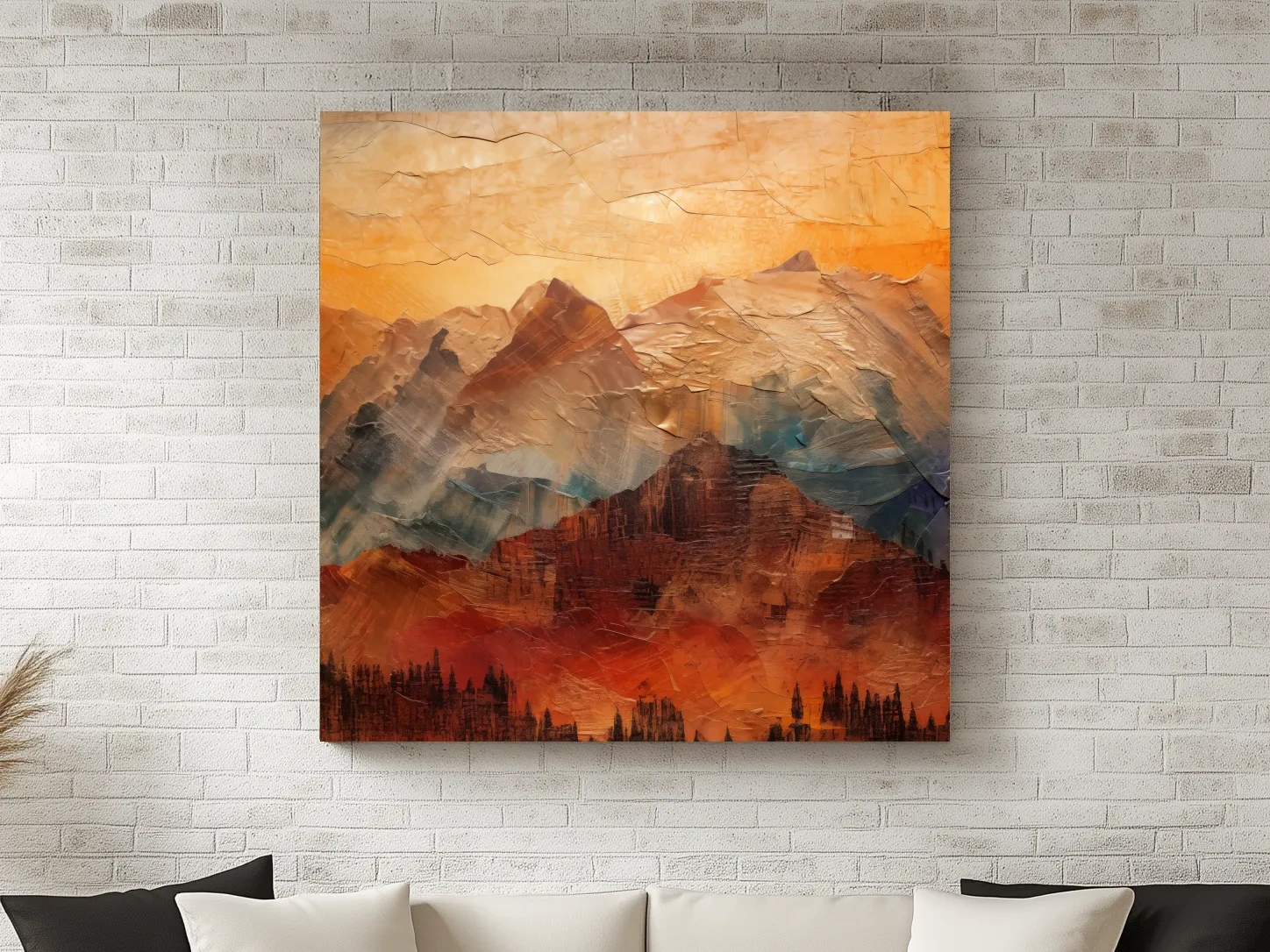 Impasto Style Abstract Mountain Range Sunset - Warm Rustic Landscape Wall Art