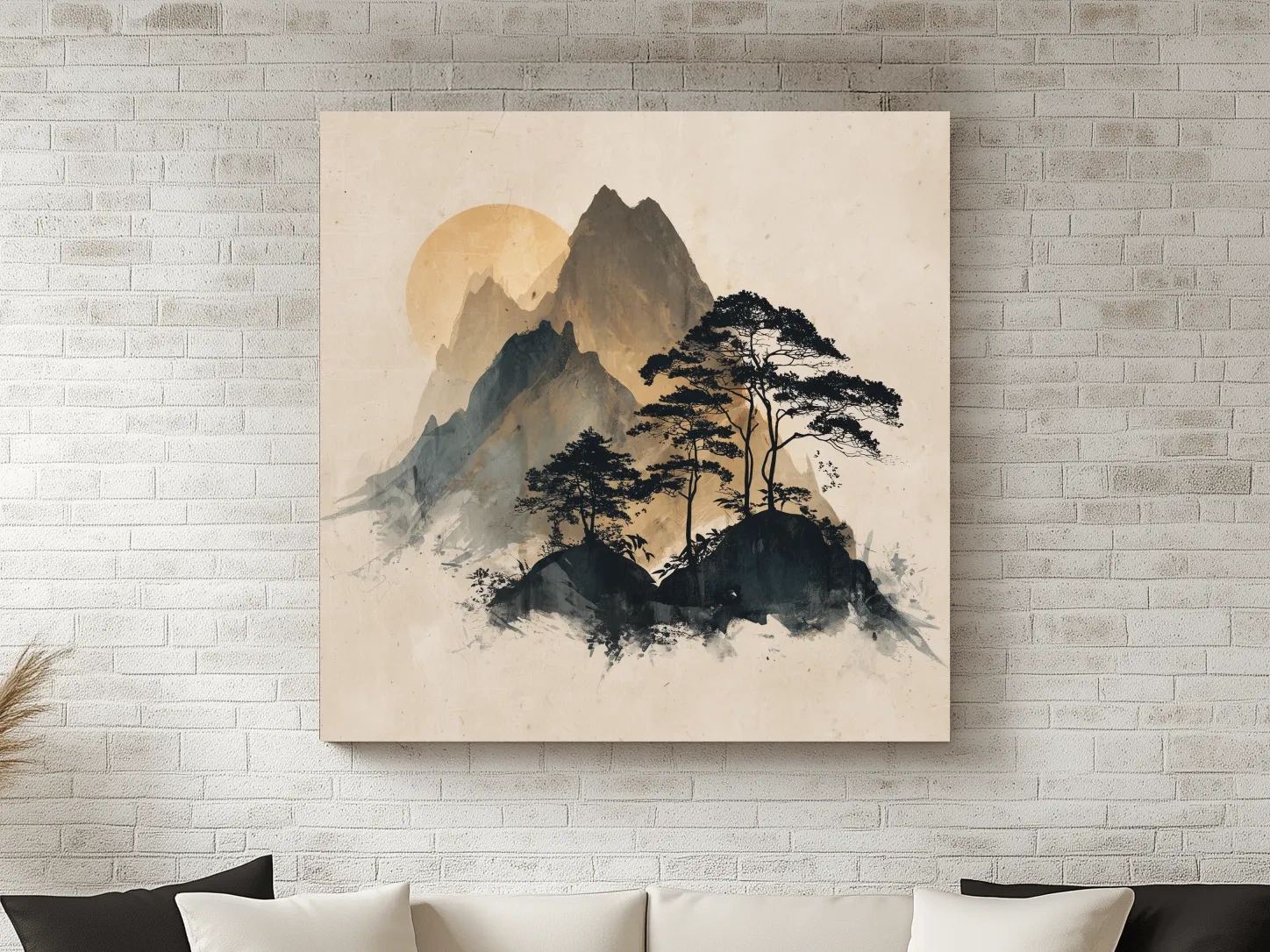 Zen Ink Wash Mountain Sunrise - Minimalist Japanese Pine Landscape Wall Art