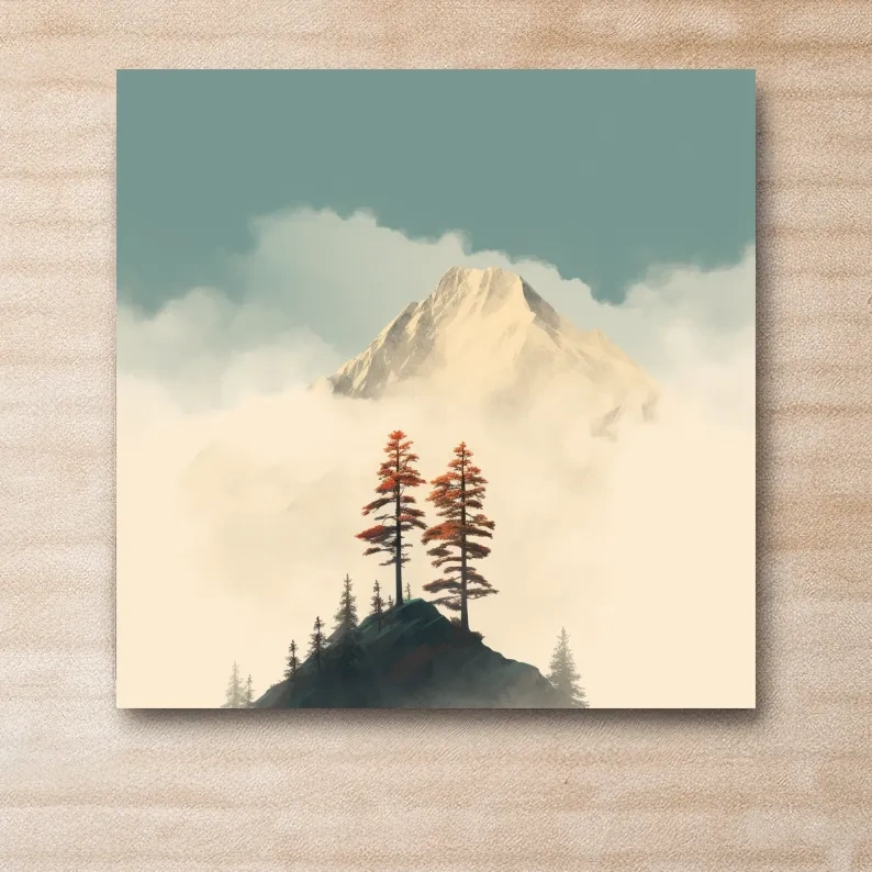 Minimalist art, trees before a glacier in the clouds