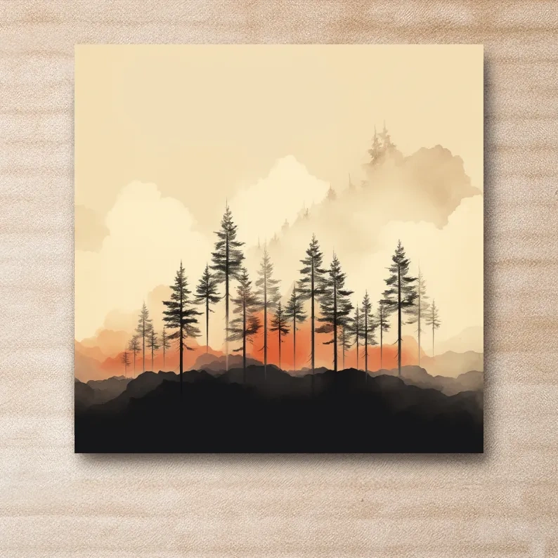 Minimal mountain artwork, tree line in the mist