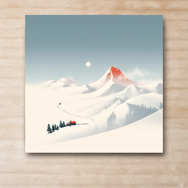 Minimal mountain art, skier leaves skin tracks from the cabin
