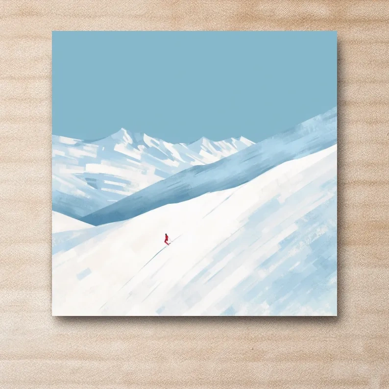 Minimalist Snowy Mountain Skier Painting - Alpine Winter Wall Art