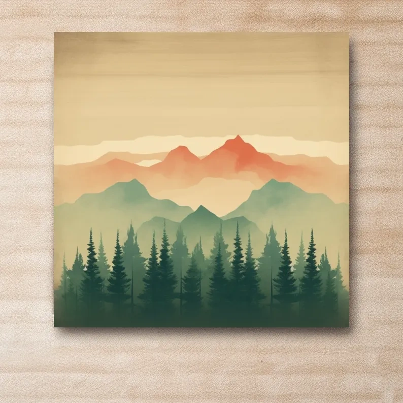 Misty Watercolor Mountain Range Sunrise - Pine Forest Landscape Artwork