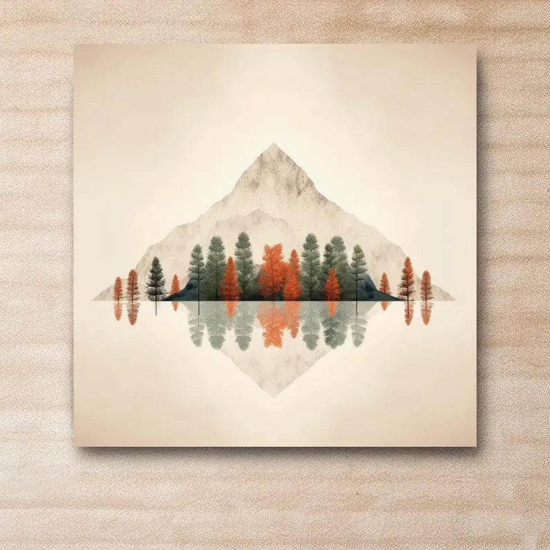 Minimalist Minimal Mountain Lake Reflection Painting - Autumn Pine Forest Artwork