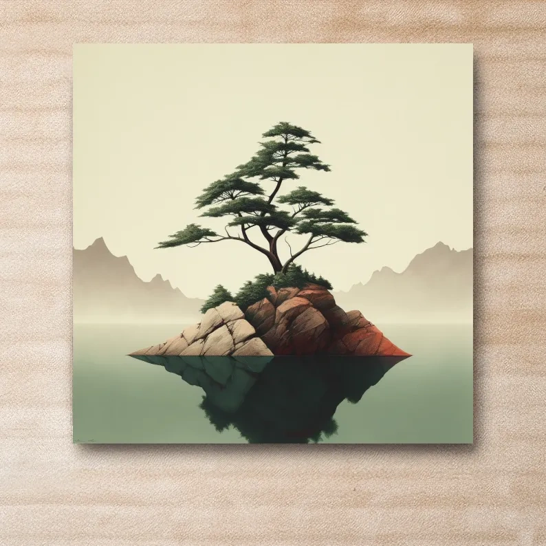 Mimimal mountain art, tree on a lake