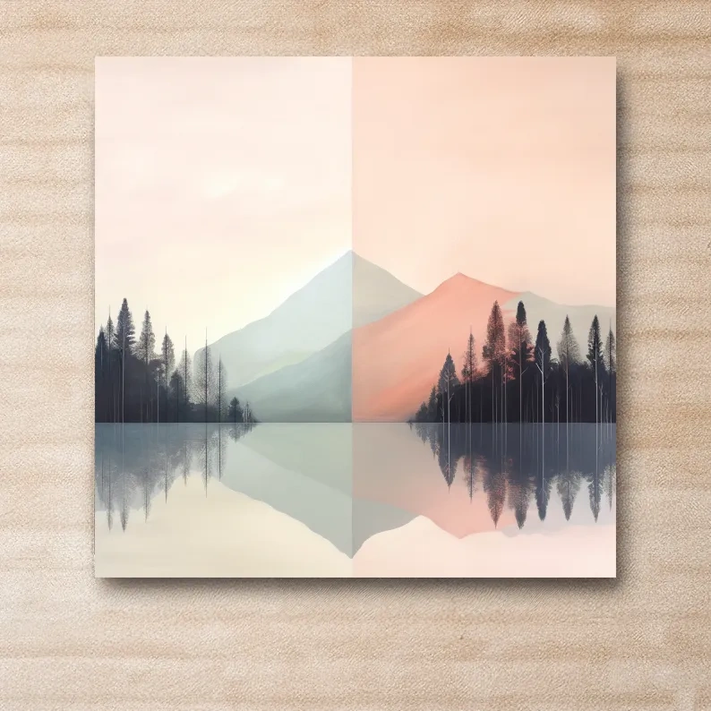 Mimimal mountain art, alpine treelined lake
