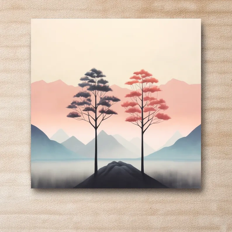 Minimal pastel art, two trees before the mountain landscape