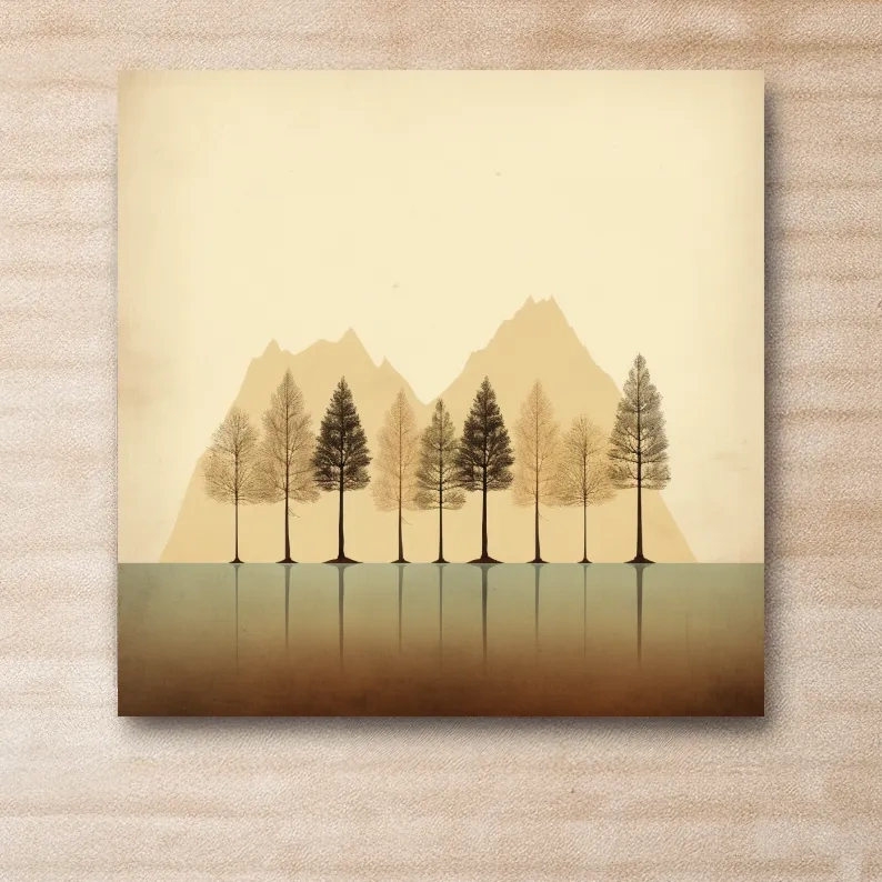 Minimal mountain art, treeline on the lake