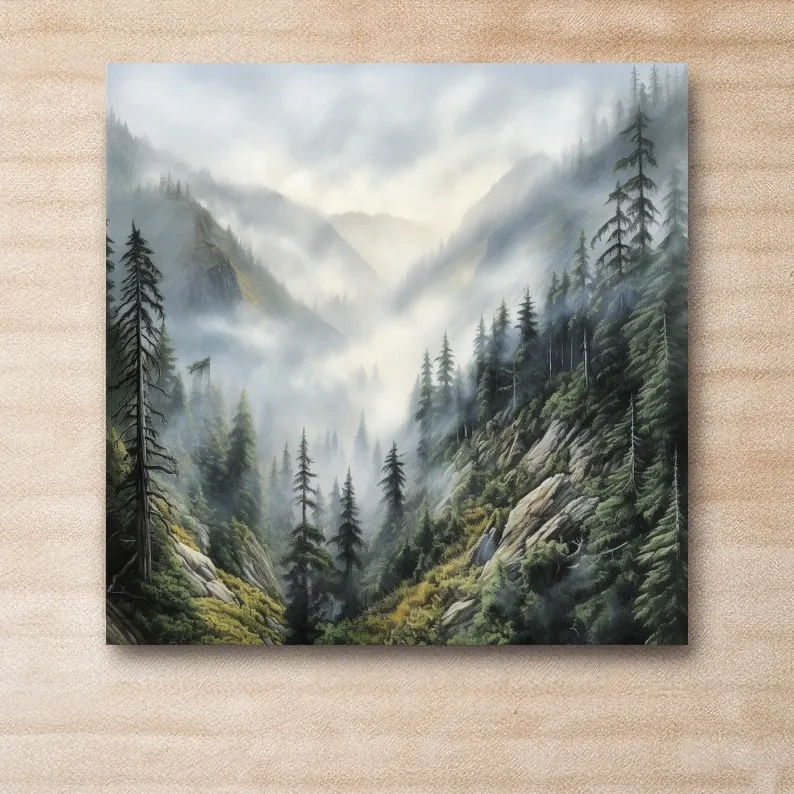 Painting of fog rolling through the mountains and trees
