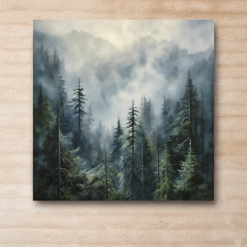 Moody Misty Pine Forest Mountains - Atmospheric Landscape Painting Wall Art