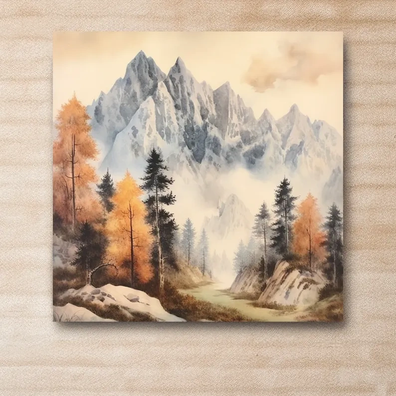 Watercolour painting of mountains and trees