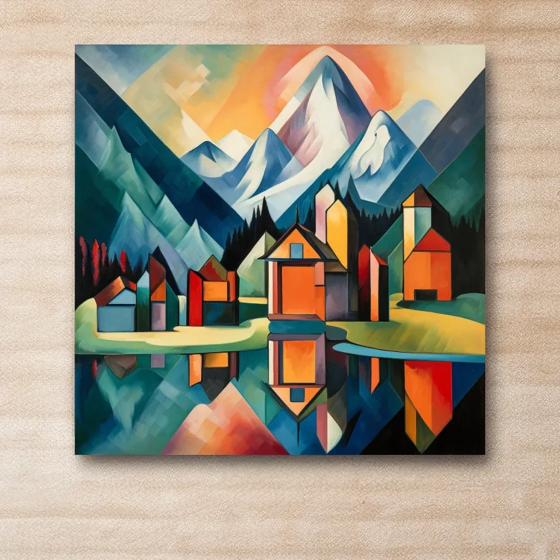 Colorful Geometric Alpine Village Lake Painting - Modern Abstract Mountain Wall Art