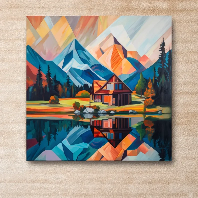 Abstract painting of a cabin by a lake at sunrise