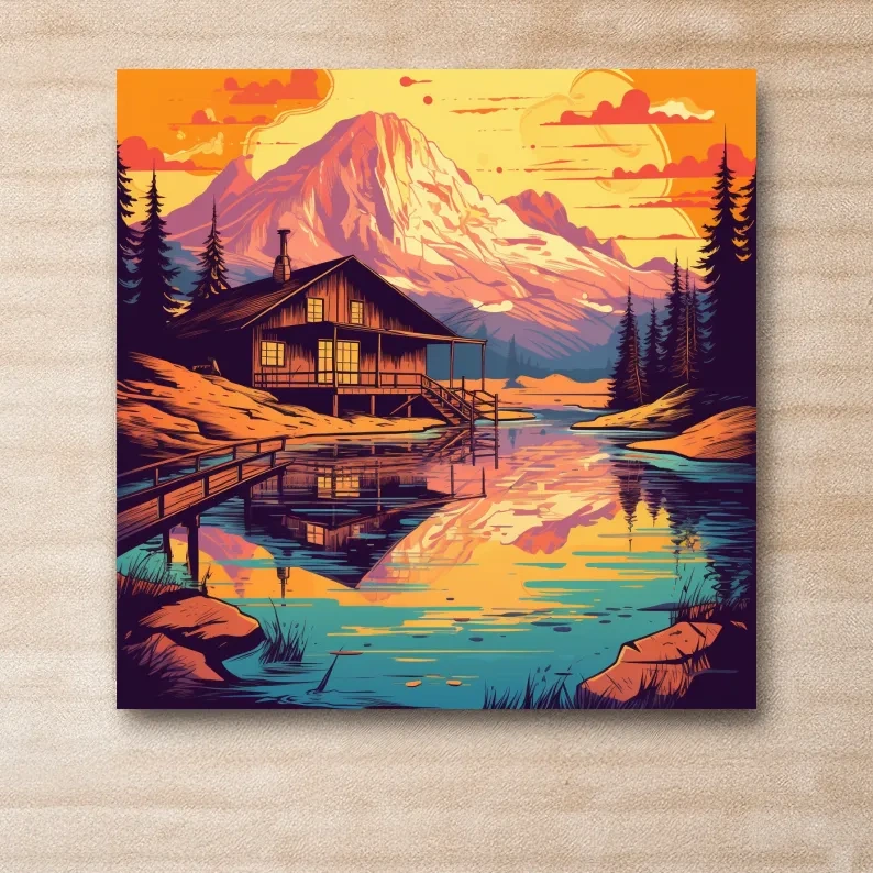 Colourful illustration of a cabin by an alpine lake at sunset