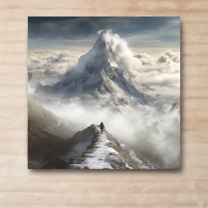 Painting of a person walking along a high alpine ridge