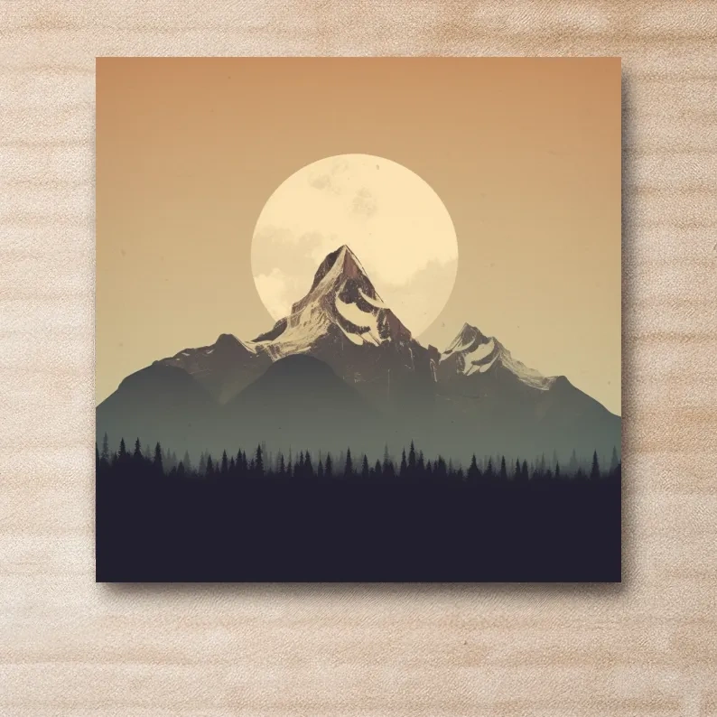 Graphical art of the moon behind a large mountain, minimalist mountain wall art