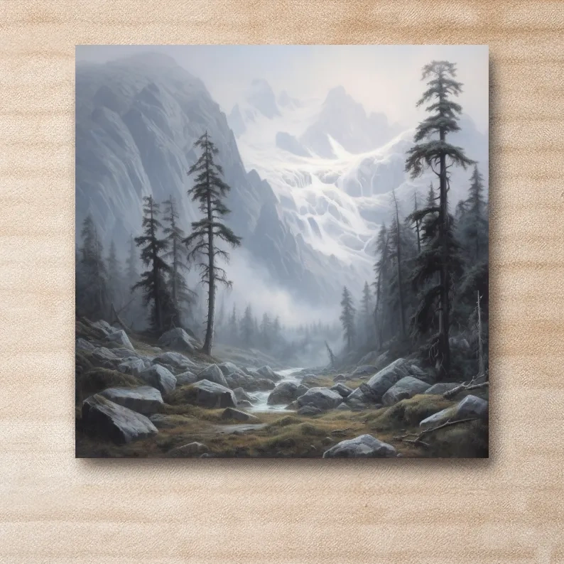 Painting of fog rolling through an alpine scene