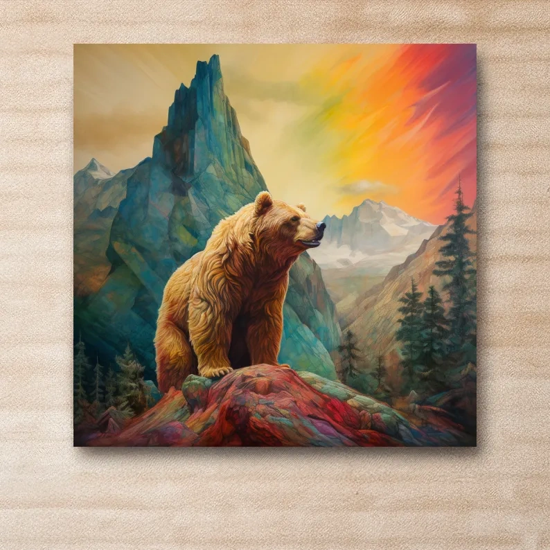 Colourful painting of a gizzly bear in the mountains